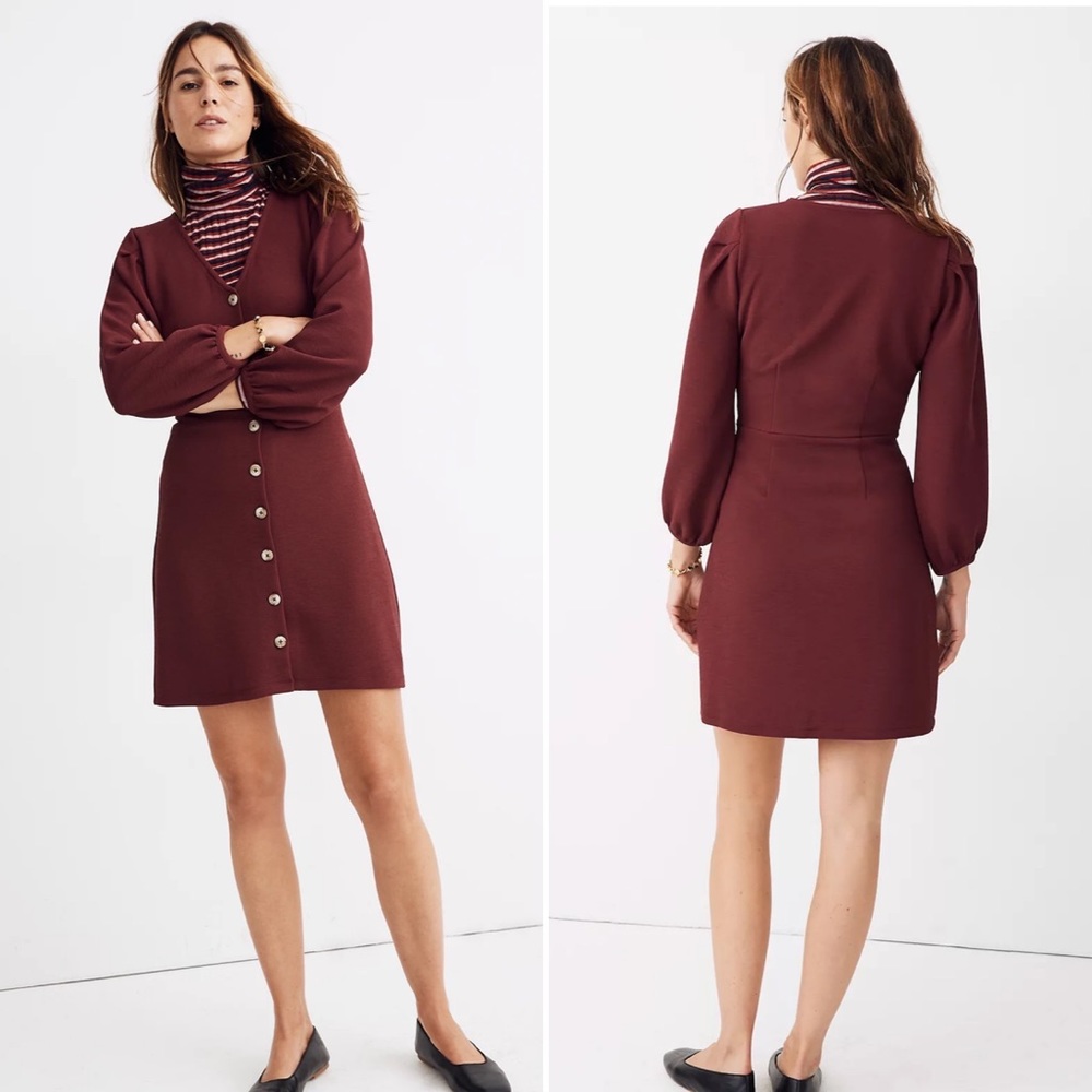 Madewell Texture & Thread Crepe Burgundy  Balloon-Sleeve Dress Size Medium
